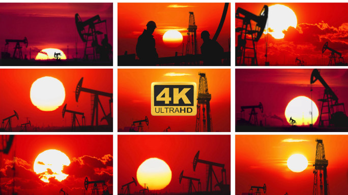 4K石油钻井夕阳下石油开采