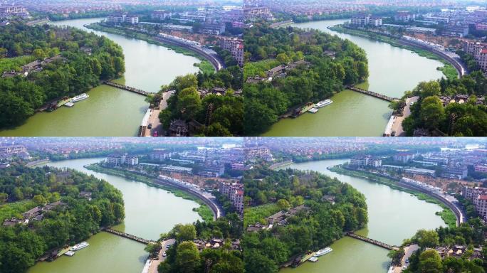 浦阳江两旁航拍诸暨城区现代城市风光