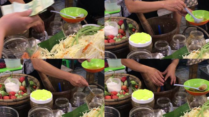 泰国华欣，用研钵和杵烹制松谭、辛辣沙拉。