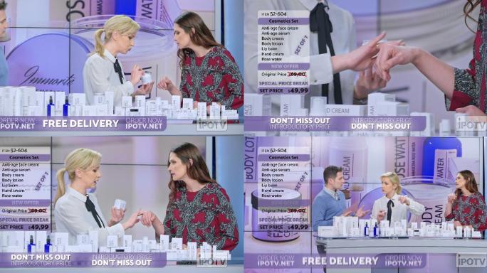 美国电视广告蒙太奇：一名女子在电视广告节目中展示化妆品系列，在与男主持人交谈并解释产品时，在女模特身
