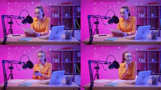 一位金发碧眼、魅力四射的博客写完唱片后，坐在紫色背景的工作室里接听电话