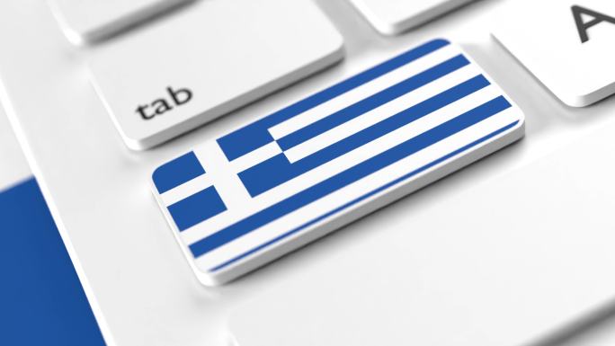 键盘按钮上的希腊国旗以4K分辨率选择性聚焦单击