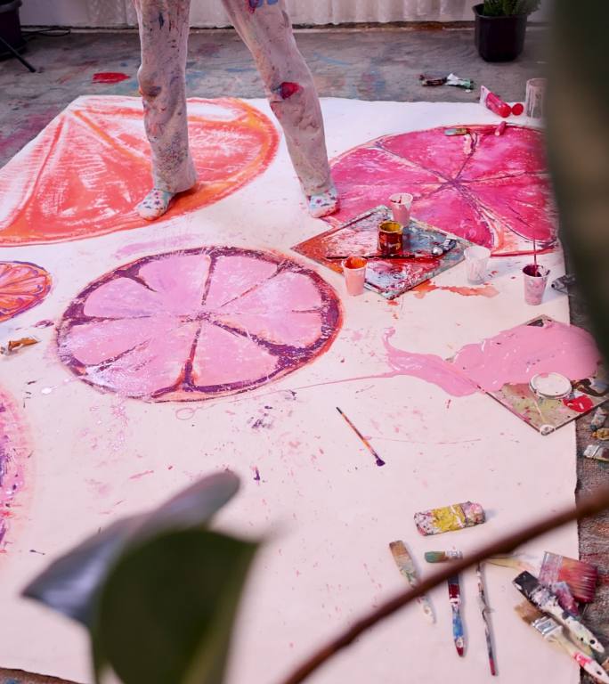 高加索女画家用玫瑰色颜料在画布上绘画