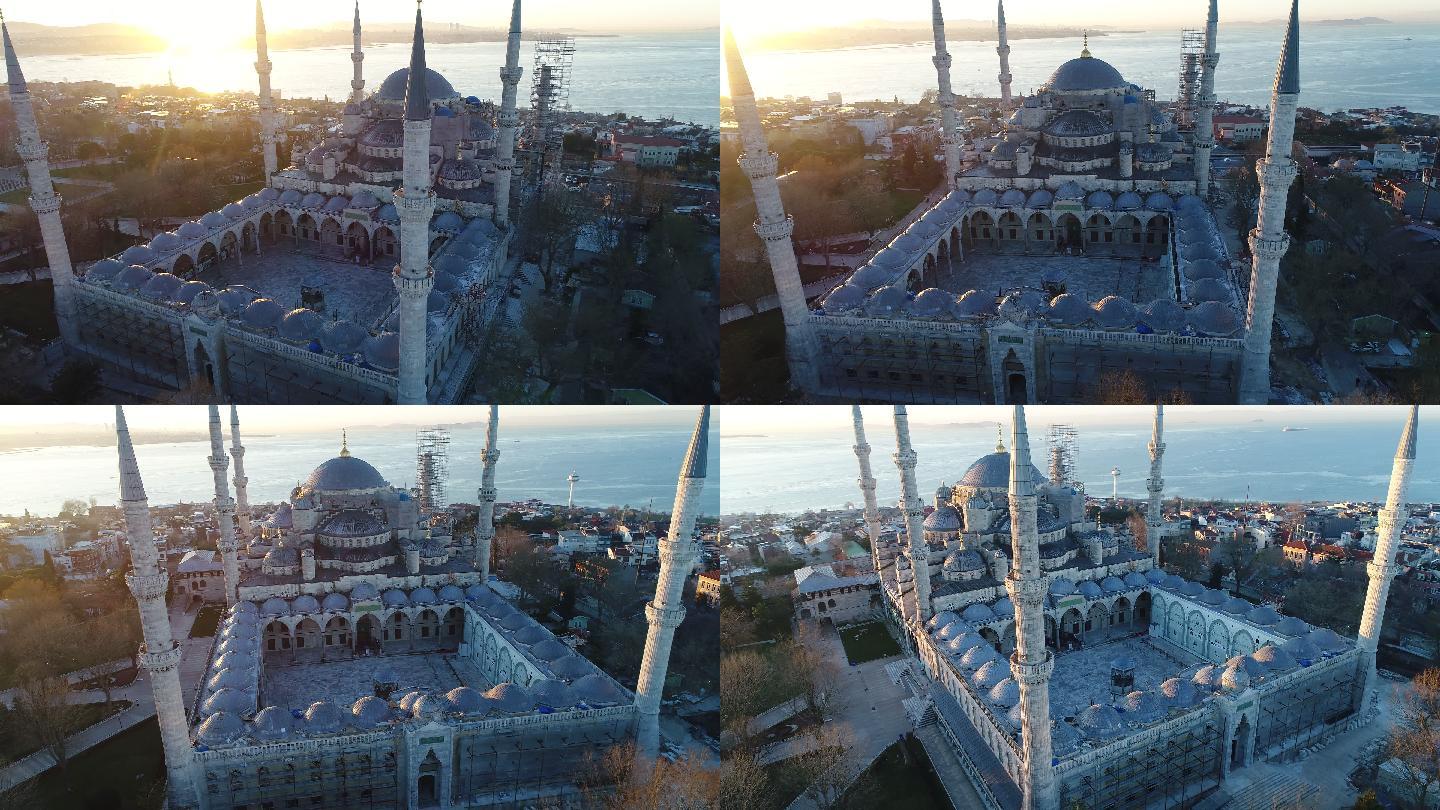 日出时伊斯坦布尔哈吉亚索菲亚博物馆和蓝色清真寺的无人机照片