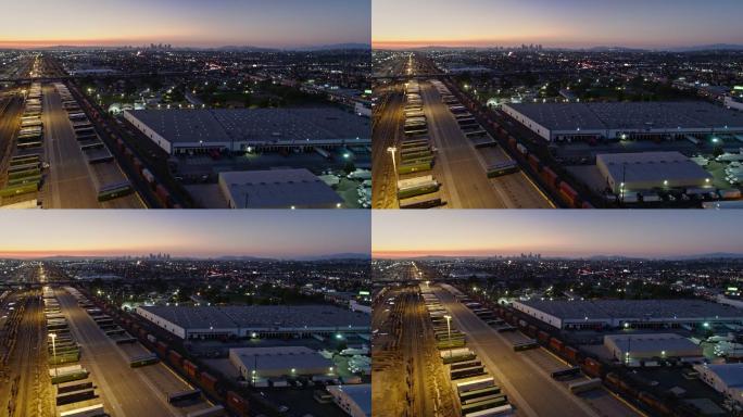 加利福尼亚州商业区货场和仓库的无人机下降飞行，距离DTLA天际线较远