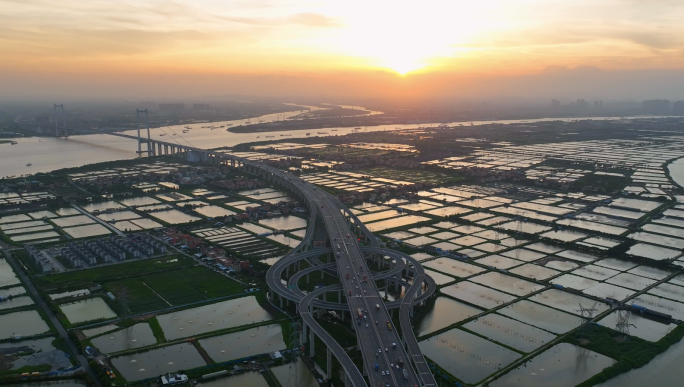 南沙大桥海鸥岛立交日落黄昏航拍