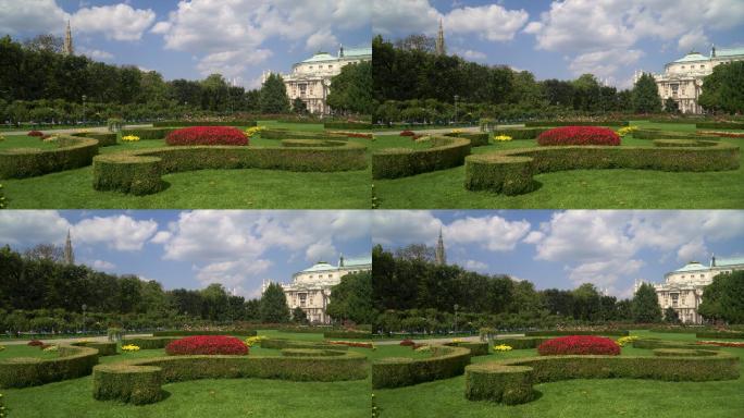 视频4k带三脚架：维也纳大众花园（volksgarten Vienna），带花坛和Burgtheat