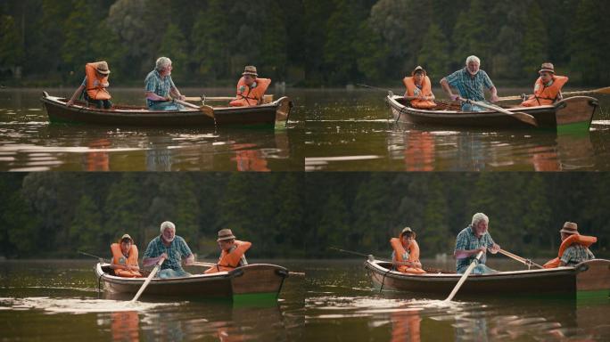 爷爷和孙子在湖上划船