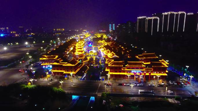 眉山 夜景 远景楼  水街 航拍