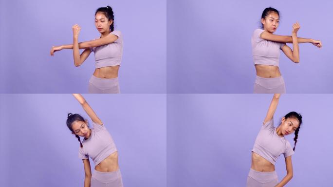 概念健身瑜伽锻炼。年轻苗条的亚洲女性穿着超浅紫色套装连衣裙