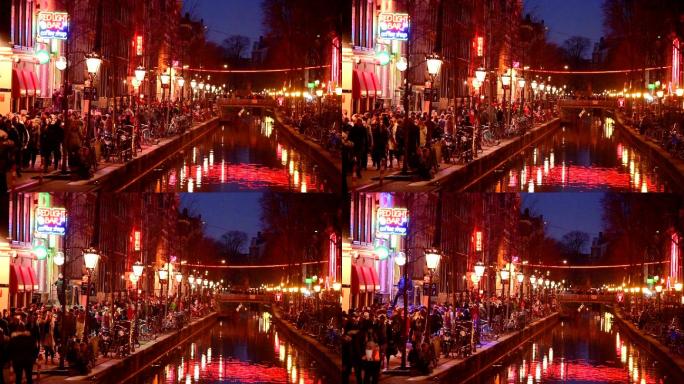 红灯破坏了景观和阿姆斯特丹运河，自行车和骑自行车的人，游艇，救生艇。