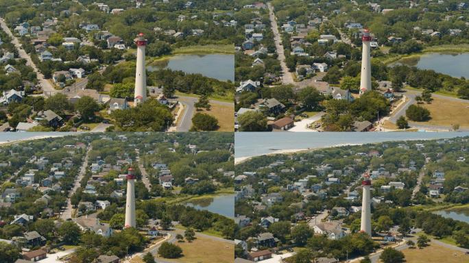 夏天阳光明媚的日子里，新泽西州五月角的灯塔。具有旋转、宽平移和倾斜复杂电影摄影机运动的空中全景视频。