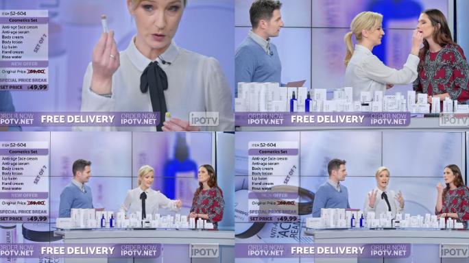美国电视广告蒙太奇：一名女子在与电视广告节目的男主持人交谈时，将自己正在展示的化妆品系列的唇膏抹在女