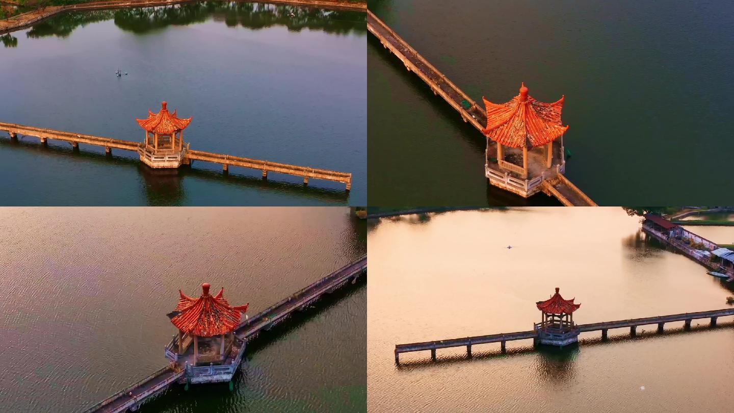 航拍湖中亭子和独木桥