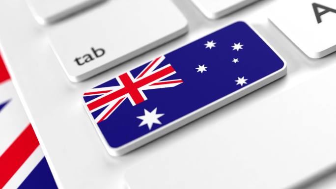 键盘按钮上的澳大利亚国旗以4K分辨率选择性聚焦点击