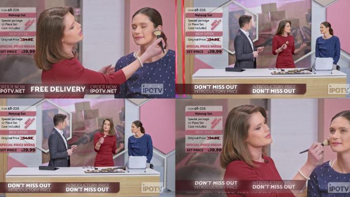 美国信息广告蒙太奇：女性化妆师在信息广告秀上演示化妆刷的使用