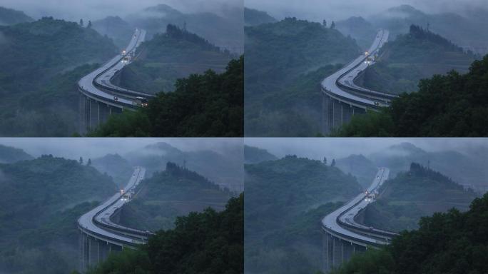 浙江山区高速高架桥雨天早晨云雾车辆物流