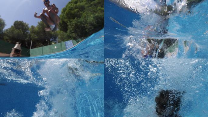 在阳光明媚的夏日，一个十几岁的男孩跳进了游泳池。