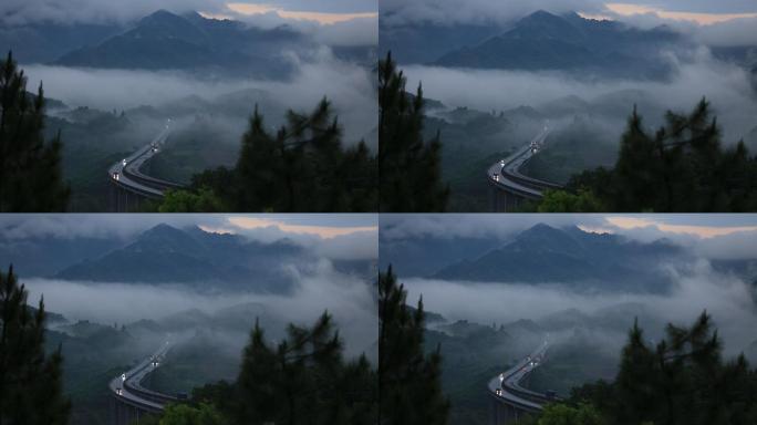 浙江山区高速早晨雨天雨雾车辆车灯物流高架