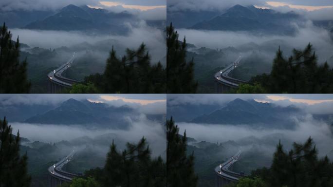 浙江山区高速早晨雨天雨雾车辆车灯物流高架