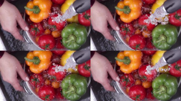 清洗西红柿和甜椒超慢镜头视频