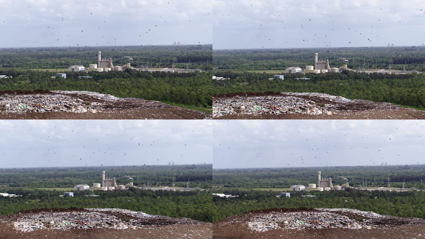 鸟瞰美国佛罗里达州的垃圾填埋场卫生场和废物管理厂。无人机通过摇摄相机的动作拍摄了画面。