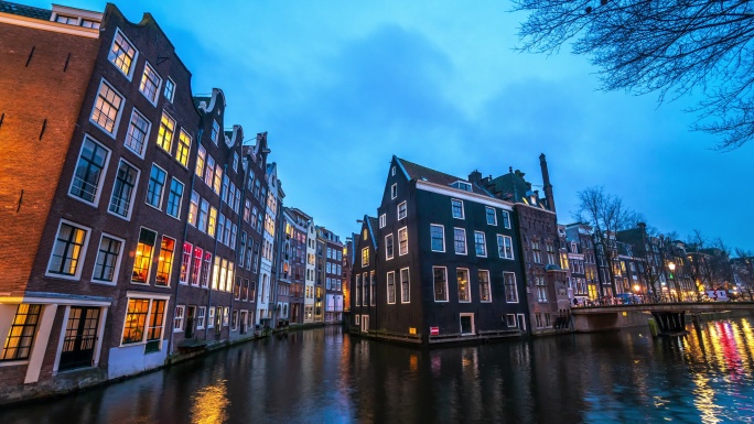 4k时间流逝：暮色中的阿姆斯特丹运河