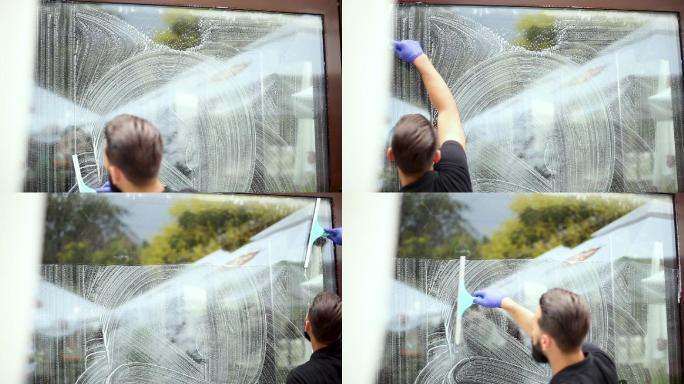 窗户清洁工的工作擦玻璃