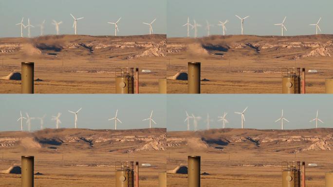 高清视频风电场和油井燃烧科罗拉多草原
