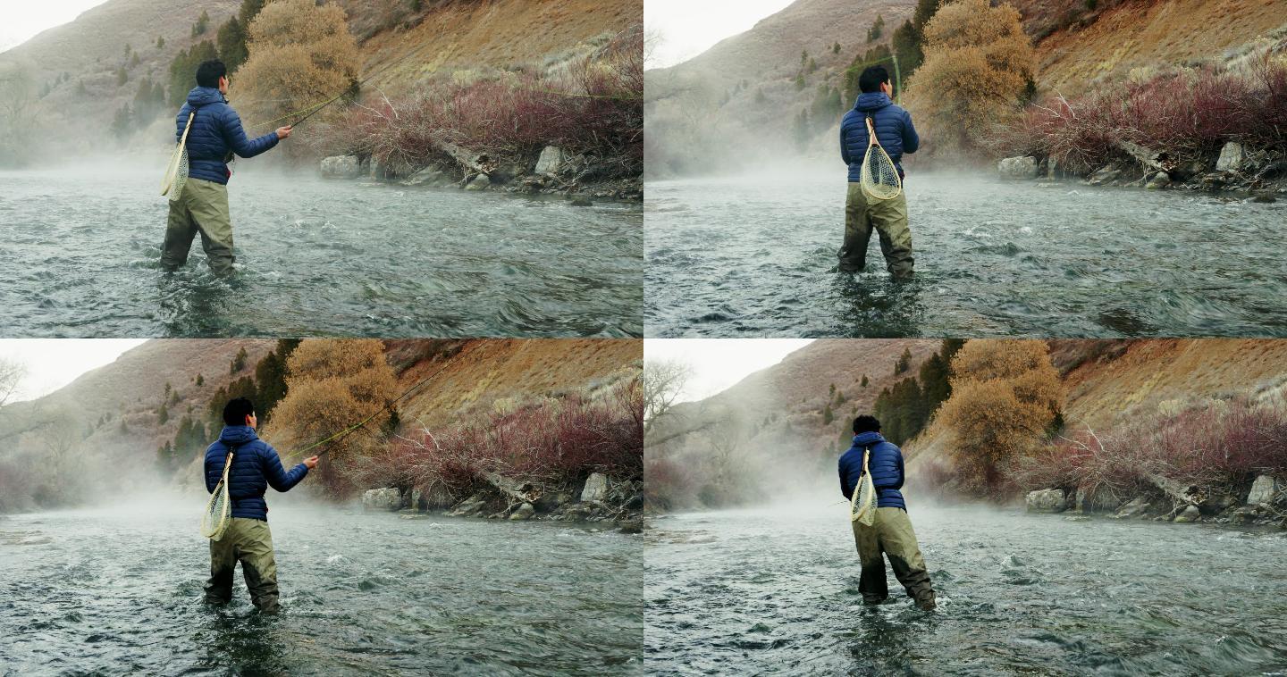 犹他州普罗沃河上的亚洲男子飞钓