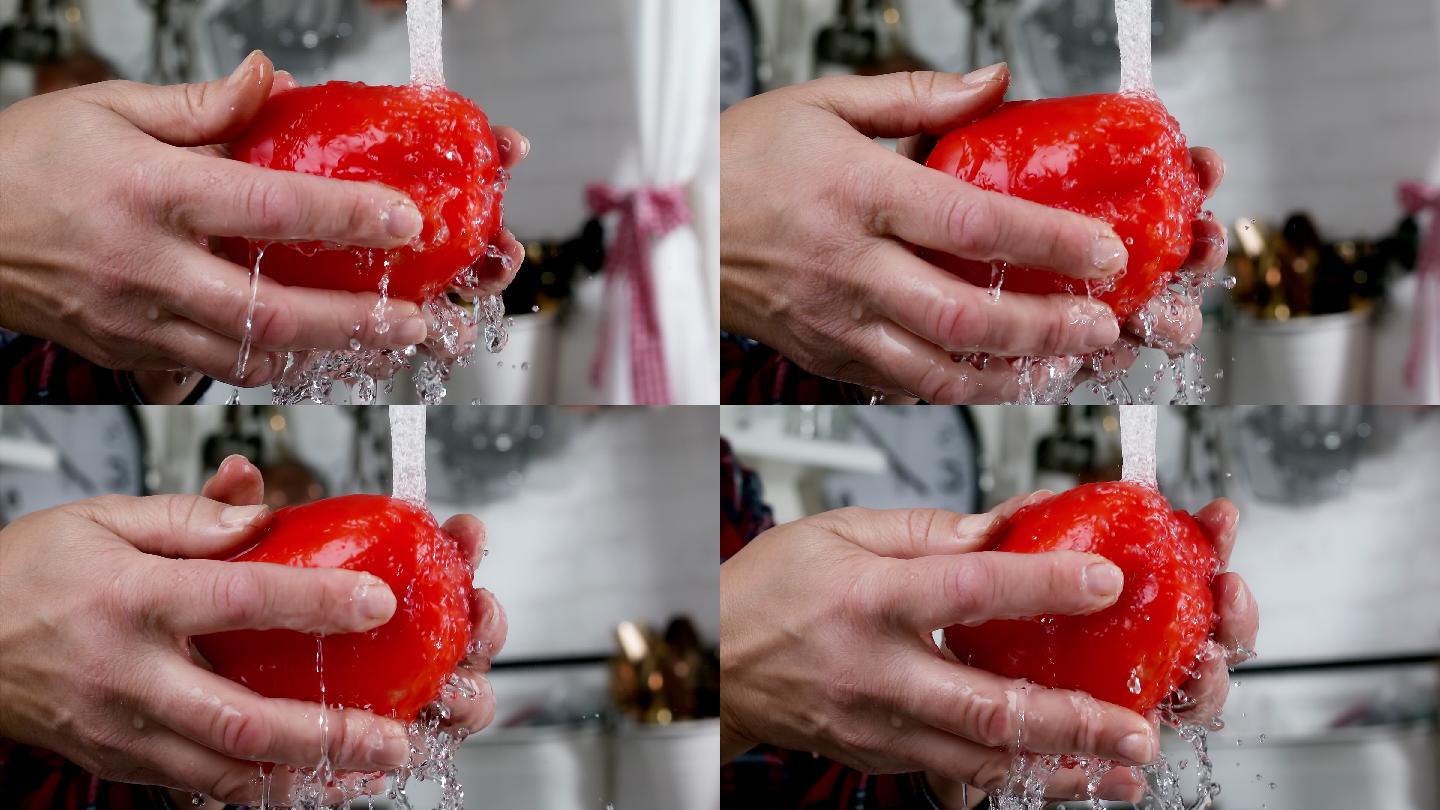 洗红甜椒超慢镜头食材洗菜