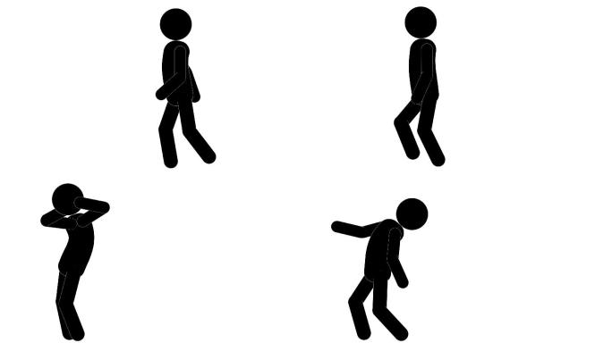 图标人跑步并停止叫喊动画。角色2D人物卡通动画。象形人物独特的轮廓向量图标集。透明背景上的动画姿势。
