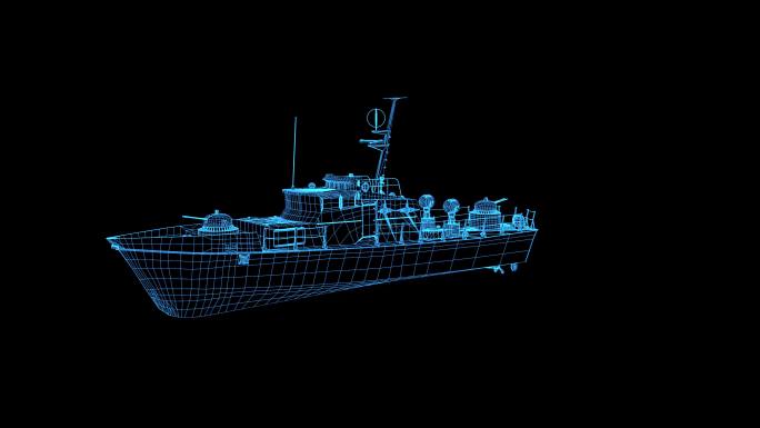 4K蓝色线框全息科技军舰动画素材带通道
