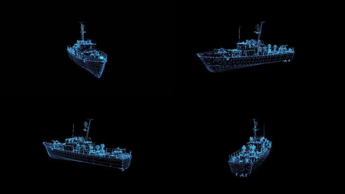 4K蓝色线框全息科技军舰动画素材带通道