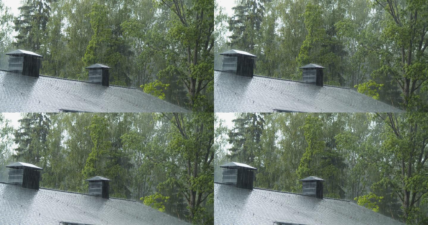 大雨倾泻在屋顶上小雨细雨和风细雨中式意境