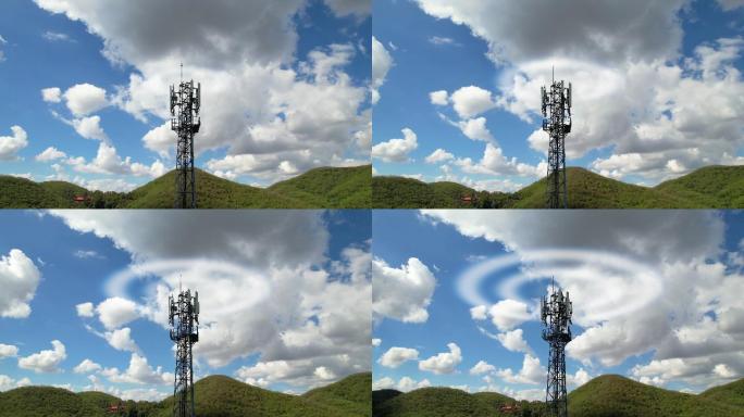 用运动图形波鸟瞰电信塔顶部。5g技术。