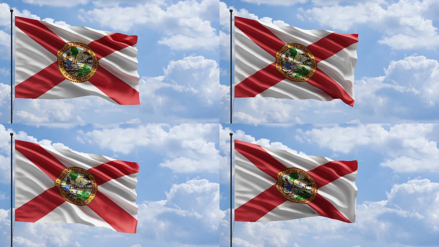 4k美国佛罗里达州国旗在桅杆上迎风飘扬的概念