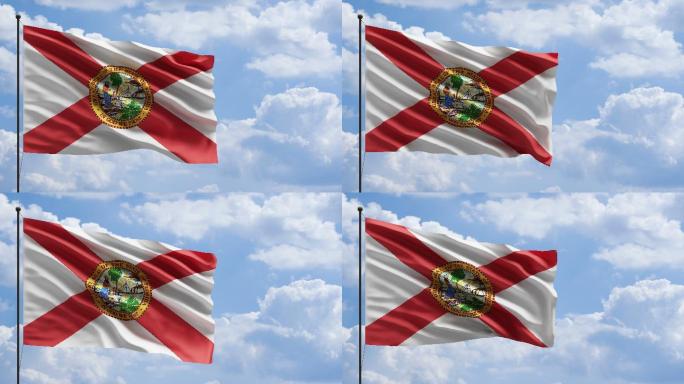 4k美国佛罗里达州国旗在桅杆上迎风飘扬的概念