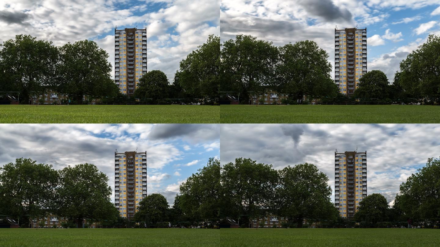 多云天气伦敦菲尔德的公寓楼和延时视频