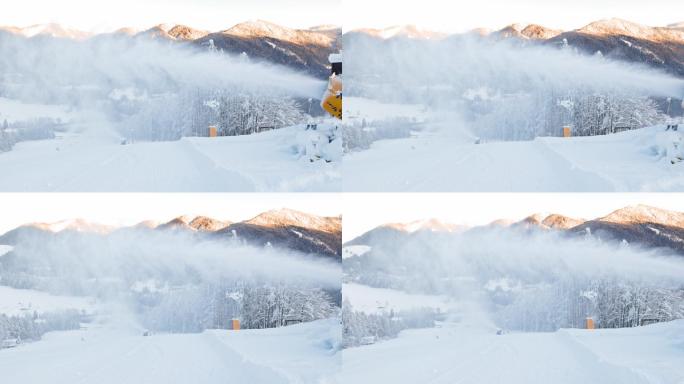 滑雪场雪炮造雪山脉人工降雪