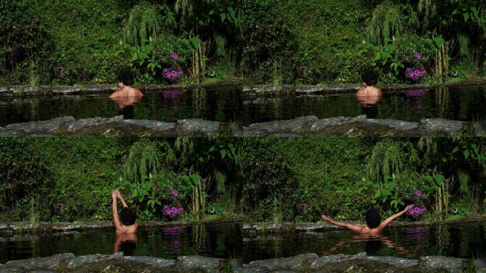 一名拉丁女子在湖中沉浸在大自然中