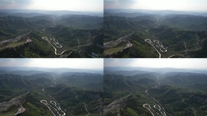 夏日青州牛角岭盘山路流动的汽车航拍