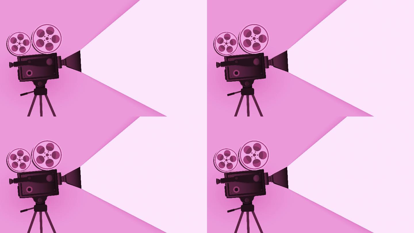 复古粉色影院相机和电影杂志动画背景库存视频-35mm电影相机动画
