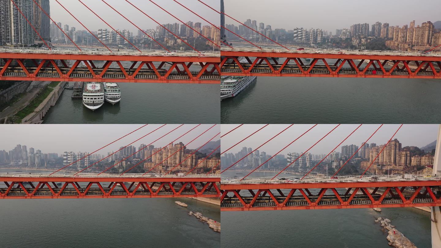 航拍重庆轻轨穿过长江大桥