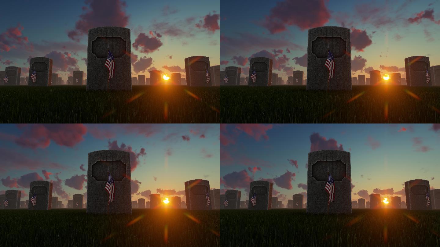 日落时分，美国国旗插在美国国家公墓的坟墓前