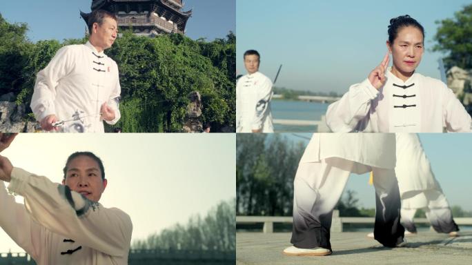 4k_晨练舞剑老人健身城市品质生活锻炼