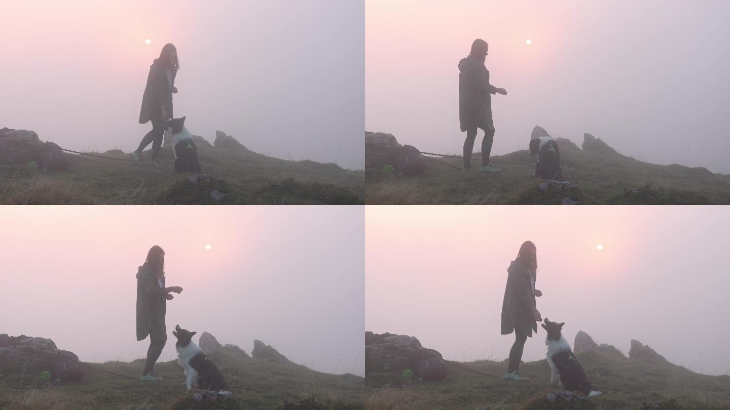 年轻女子教狗在雾天用后腿站立