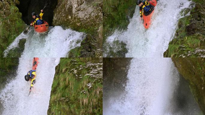 SLO-MO男子皮划艇运动员从瀑布上摔下来，头直冲入水垫池