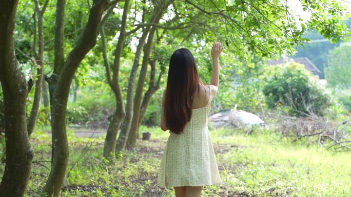 女孩在树林下轻松漫步