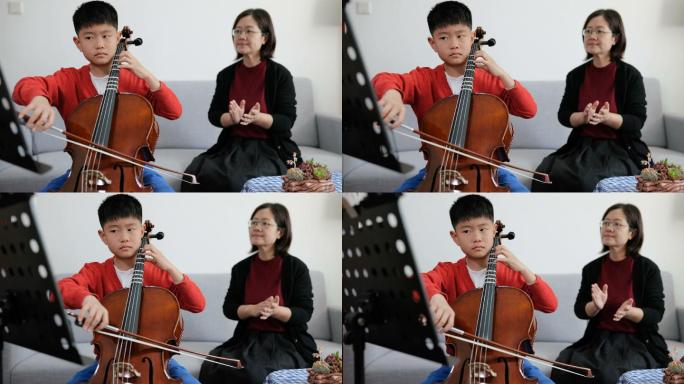 悲伤男孩与老师在家练习大提琴的全景图